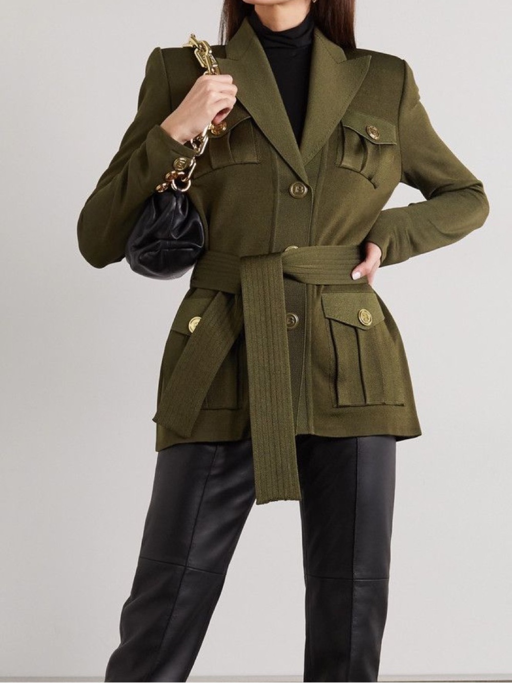 Balmain Olive Military-Style Knit Belted Blazer